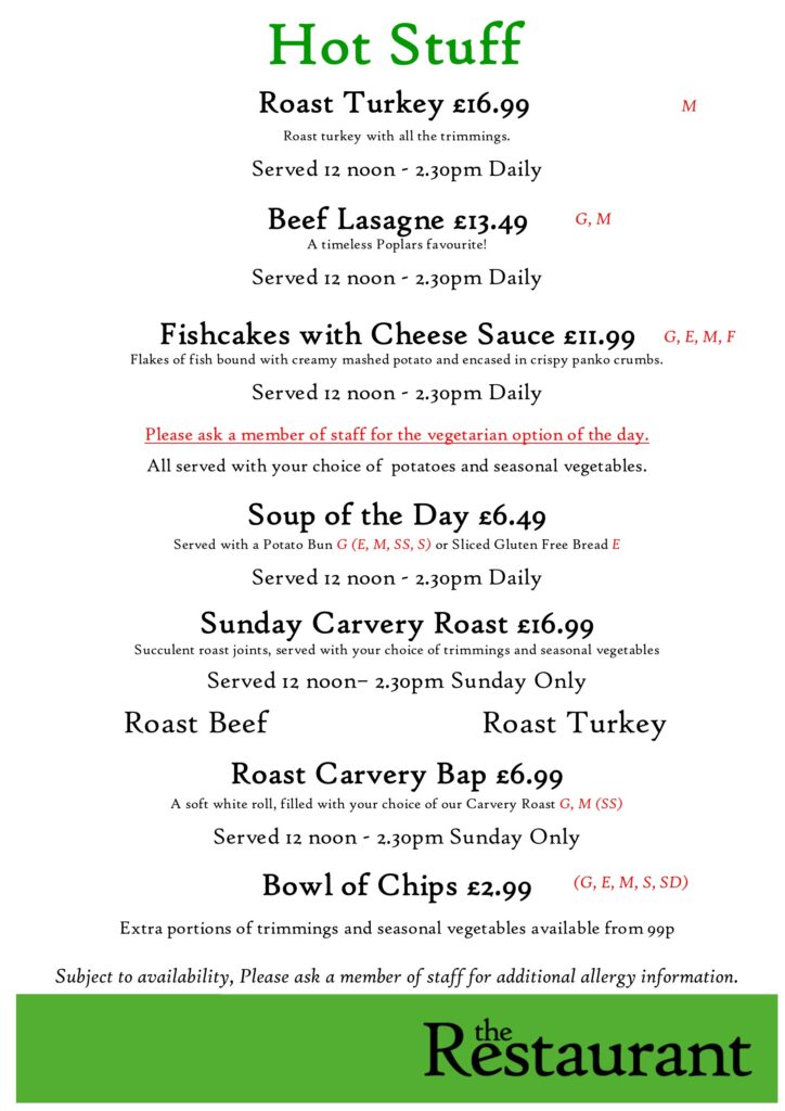 Second November Hot Stuff Counter Lunch Menu