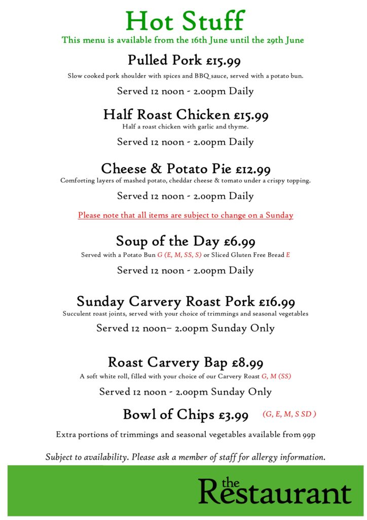 Second June Hot Stuff Counter Lunch Menu