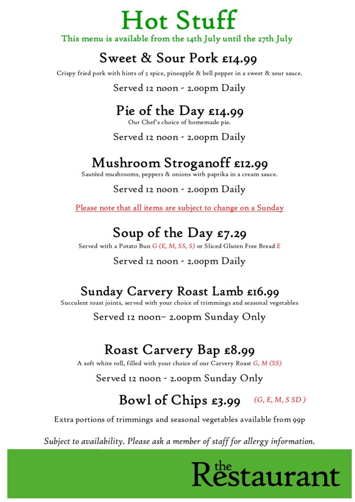 Second July Hot Stuff Counter Lunch Menu