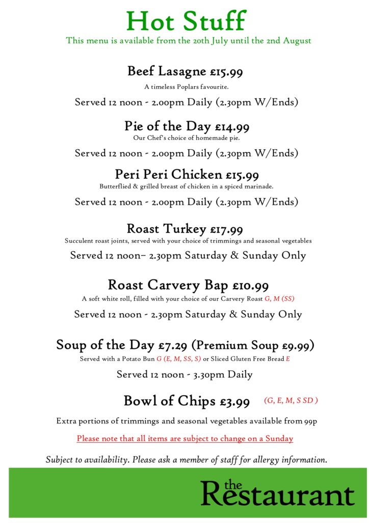 Second July Change Hot Stuff Counter Lunch Menu